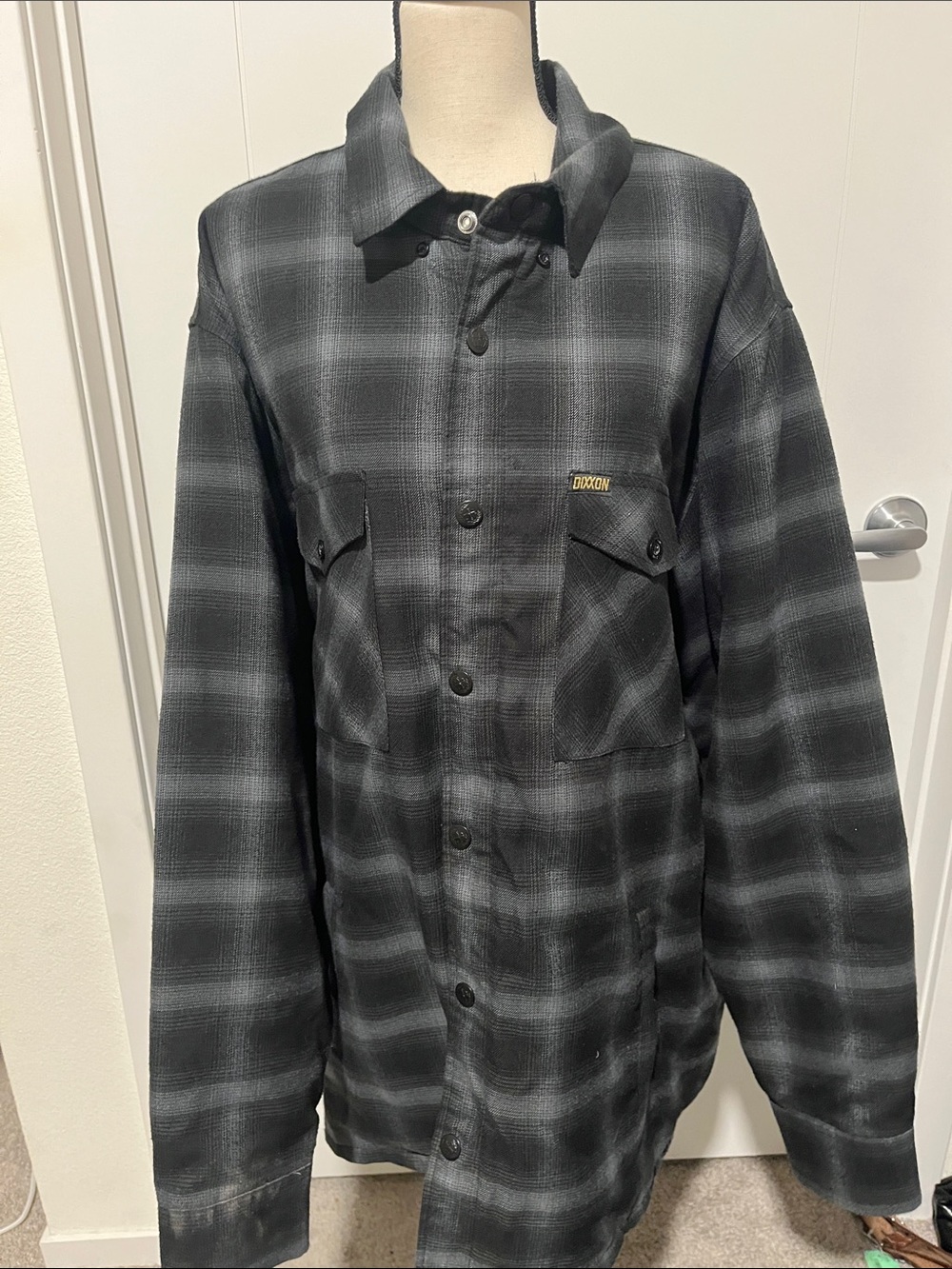 Dixxon Form & Function Black & Gray Plaid Button Zip-Up Closure Pockets Flannel